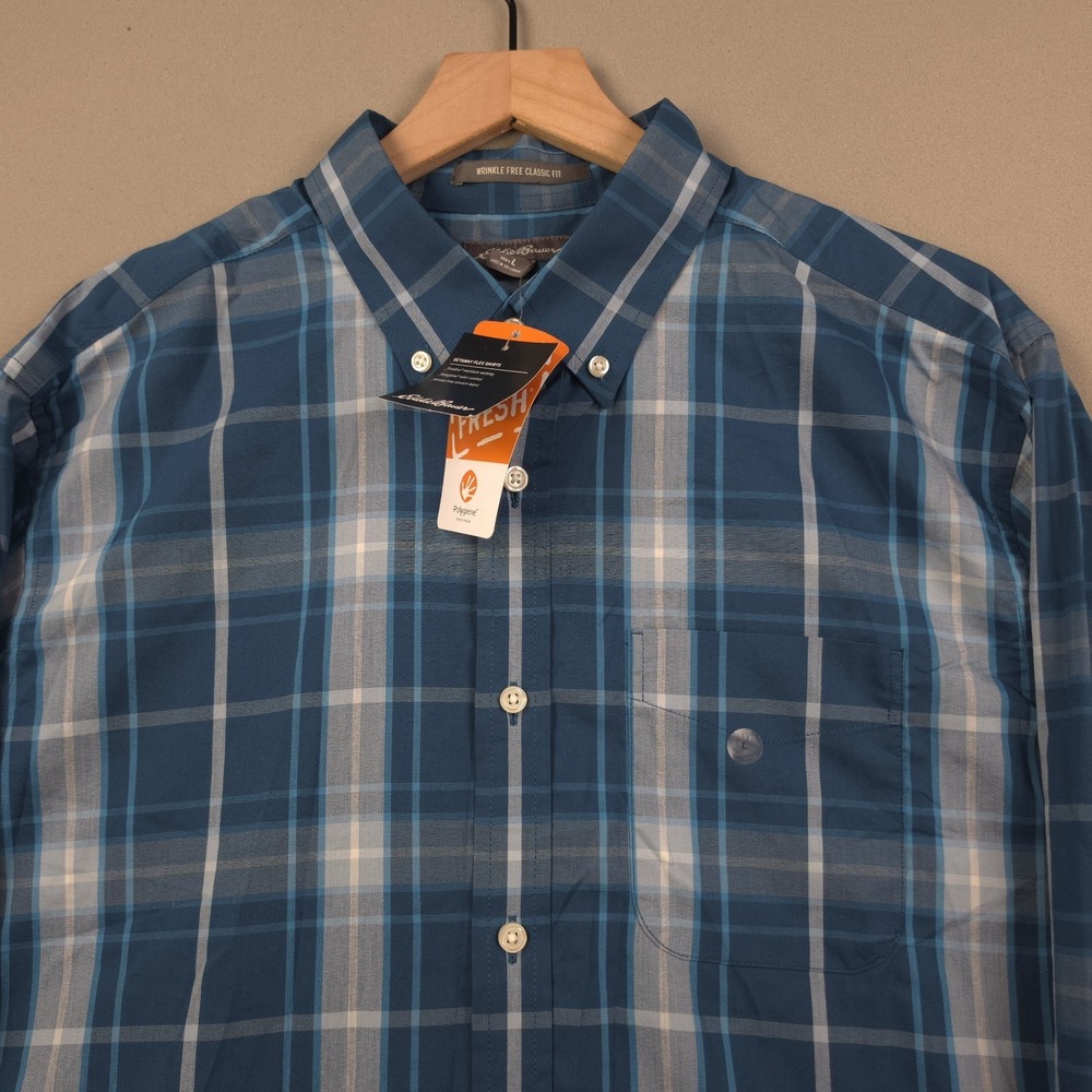 Eddie Bauer Getaway Flex Shirt Mens Large Blue Plaid Button Down Long Sleeve NWT